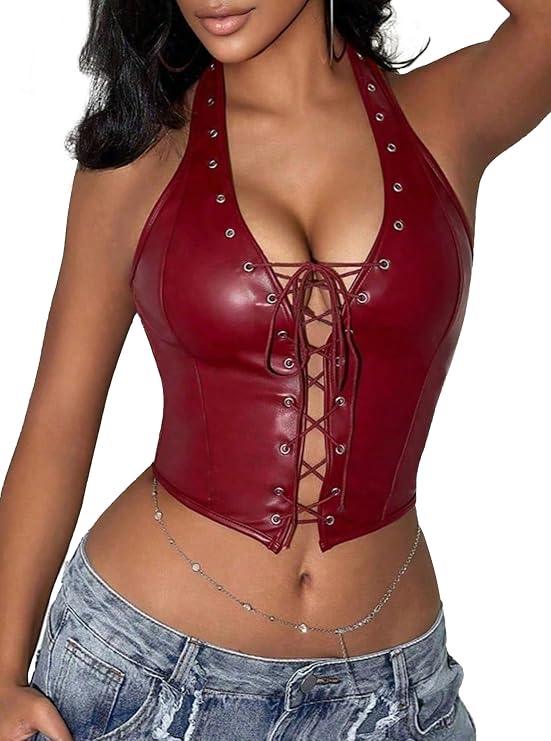 Women's Y2K Leather Halter Corset Tops Backless Shapewear Top Slit Grommet Eyelet Lace Up Party Tank Club Outfits