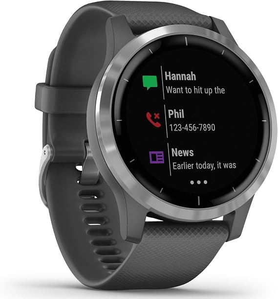 Garmin 010-02174-01 vivoactive 4, GPS Smartwatch, Features Music, Body Energy Monitoring, Animated Workouts, Pulse Ox Sensors and More, Silver with Gray Band
