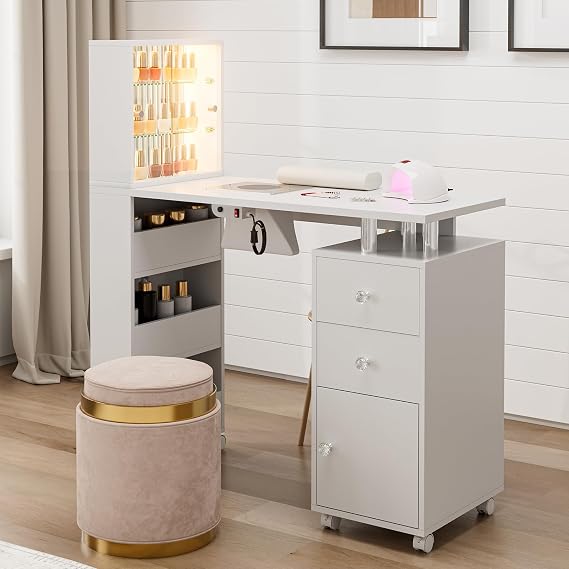 Manicure Table with LED Light, Glass Shelf Door Nail Desk with Dust Collector & Storage Shelves, Nail Tech Table with 2 Drawers & Cabinet for Technician Workstation(White)