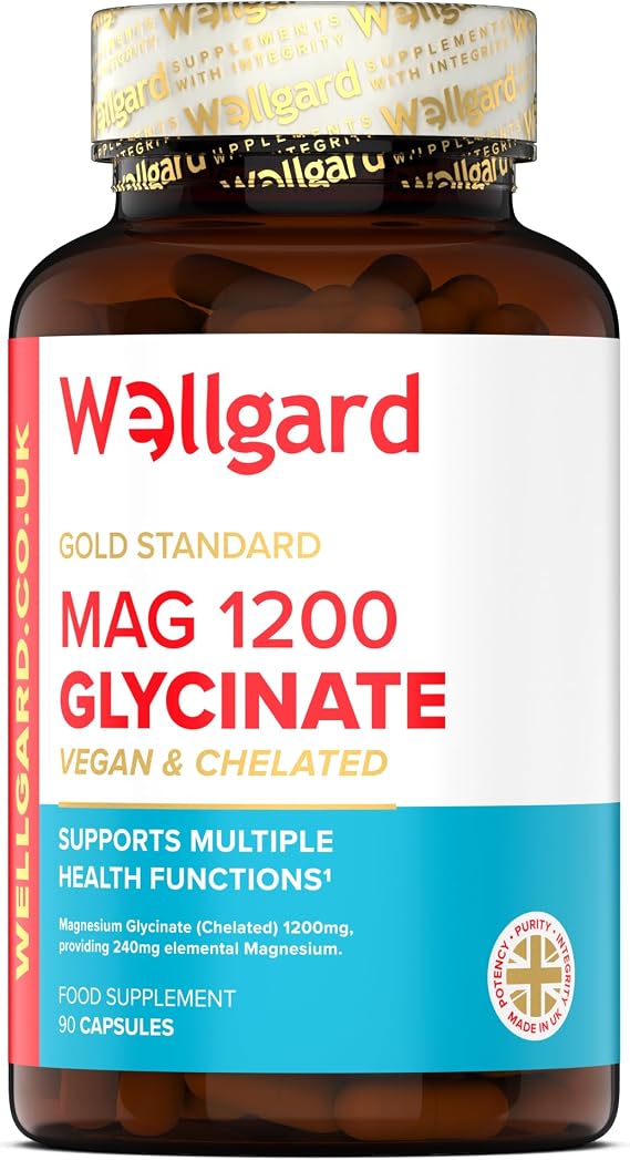 Pure Magnesium Glycinate by Wellgard - Not Mixed with Citrate or Malate, High-Strength Magnesium Supplement, Mag 1200, Vegan, High Absorption Bisglycinate, 240mg Elemental Magnesium, Made in UK
