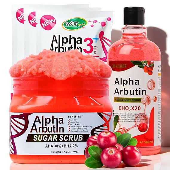 Dr. Meinaier Alpha Arbutin Body Care Set Body Scrub, Body Serum & 3 Soaps Bundle Simple Daily Skin Care Routine for Soft, Smooth Skin
