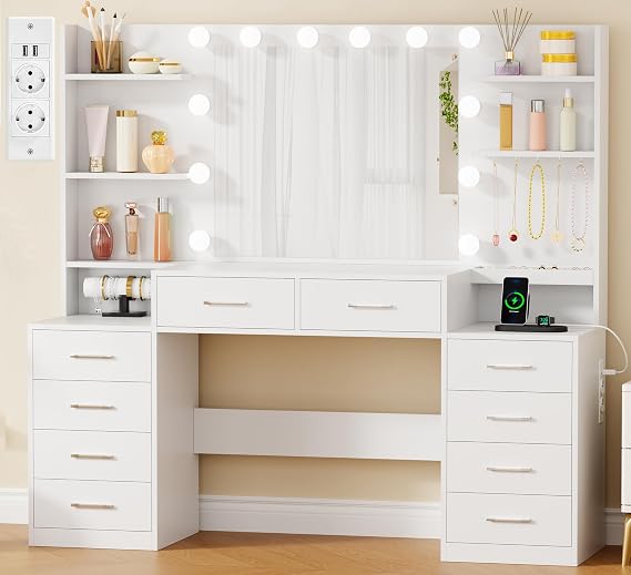 BEWISHOME 150 cm Makeup Vanity with LED Light and Sockets, White