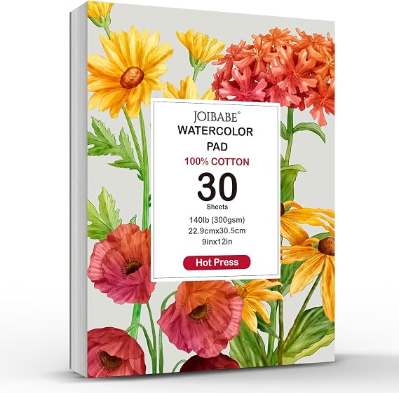 Watercolor Paper Pad,30 Sheets Hot Press 9 x 12 Watercolor Paper, 140 lb/300 GSM Tearable Water Color Pad, 100% Cotton Watercolor for Art Painting and Mixed Media