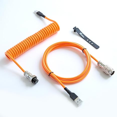 GUNMJO Pro Custom Premium Coiled USB C Cable for Gaming Keyboard, Double-Sleeved Mechanical Keyboard Cable with Detachable Metal Aviator, 1.5M USB-C to USB-A, Brilliant Orange Color