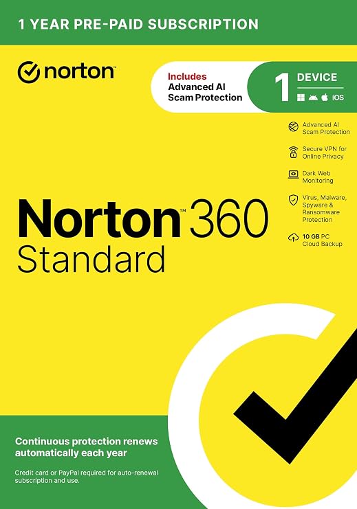Norton 360 Standard, Antivirus software for 1 Device with Auto-Renewal Includes Advanced AI Scam Protection, VPN, Dark Web Monitoring & PC Cloud Backup [Key Card]