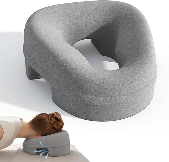 Face Down Pillow, Massage Headrest for Bed, Breathable Table Face Cradle Rest Cushion for Naps, Memory Foam Face Down Massage Headrest, Removable Grey Cover