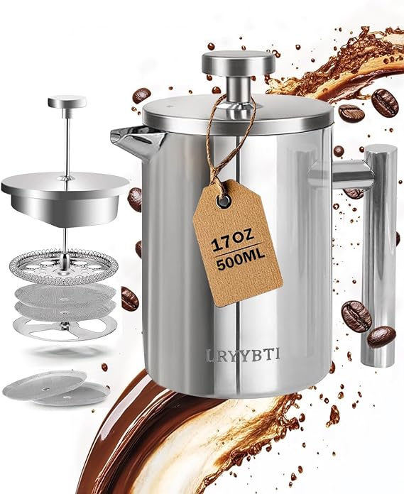 French Press Coffee Maker, Stainless Steel, Silver, 17 OZ