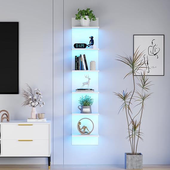 Qupui 6-Tier Wall Shelf with RGB LED, 57" Floating Storage, White