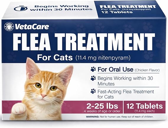(Nitenpyram) Oral Cat Flea Treatment, Fast-Acting Flea Treatment for Cats Weighing 2-25 lbs, Begins Working Within 30 Minutes, Chicken Flavor, 12 Doses