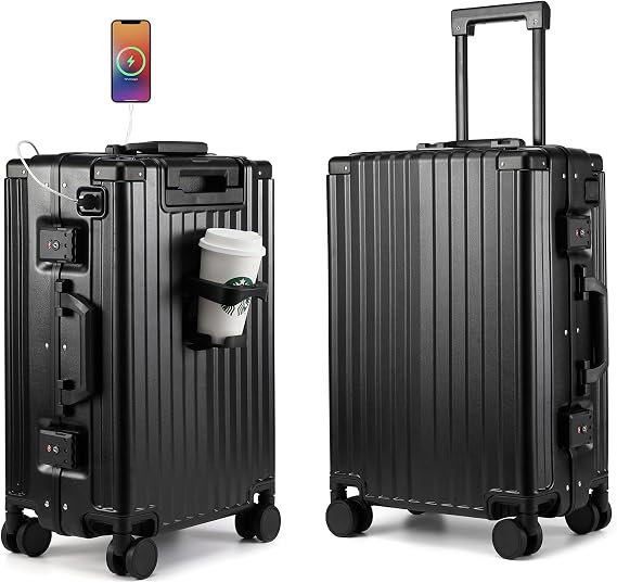 MYER Hard Shell Carry On Luggage 22x14x9 Airline Approved,20 Inch Aluminum Luggage with 100% 3-Layer PC,Carry On Suitcases with Wheels,Cup Holder and USB Port