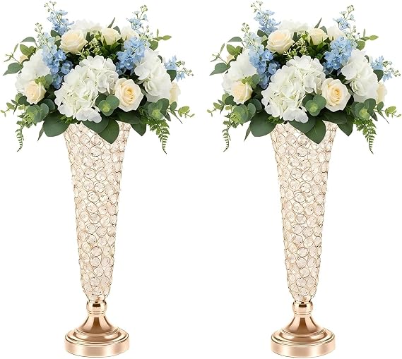 20in Vases for Flowers - Crystal Trumpet Floral Vase, 2Pcs Crystal Vases for Table Centerpieces, Flower Stand for Wedding Party Anniversary Birthday Home Decoration