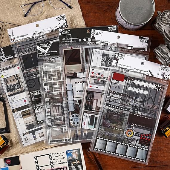 Black & White Vintage Filmstrip Scrapbook Stickers - Aesthetic PET Stickers for Photo Frames, Magazine Frames & Collage Materials