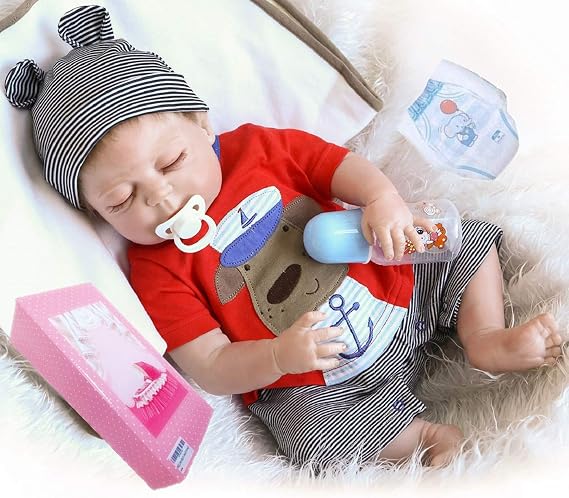 NPKDOLL Reborn Sleeping Baby Doll Full Body Silicone Baby Boy 22" Closed Eyes Realistic Baby Reborn Doll Anatomically Correct Real Baby Doll Washable Toy Red Clothes