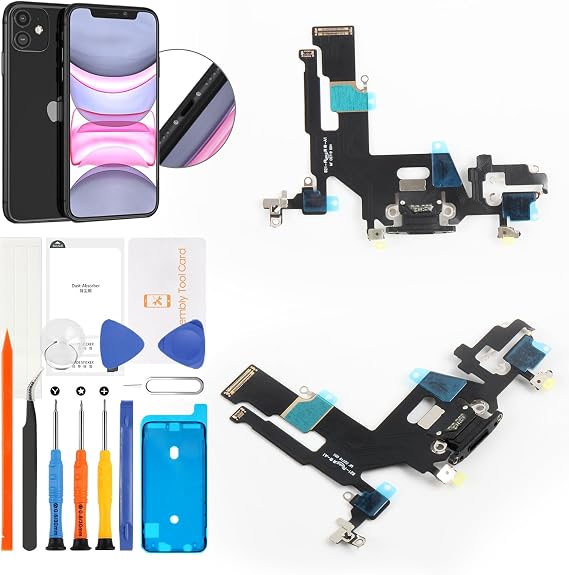 SRJTEK for iPhone 11 USB Charging Port Replacement Repair Dock Connector Board Replacement Black Dock Connector & Flex Cable Repair Replacement for A2221 A2111 A2223 with Tools & Waterproof Tape USB