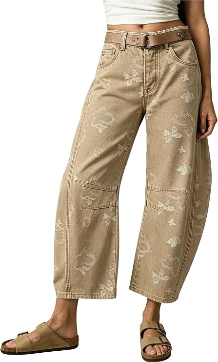 chouyatou Women's Floral Printed Barrel Jeans Y2K Cropped Denim Pants