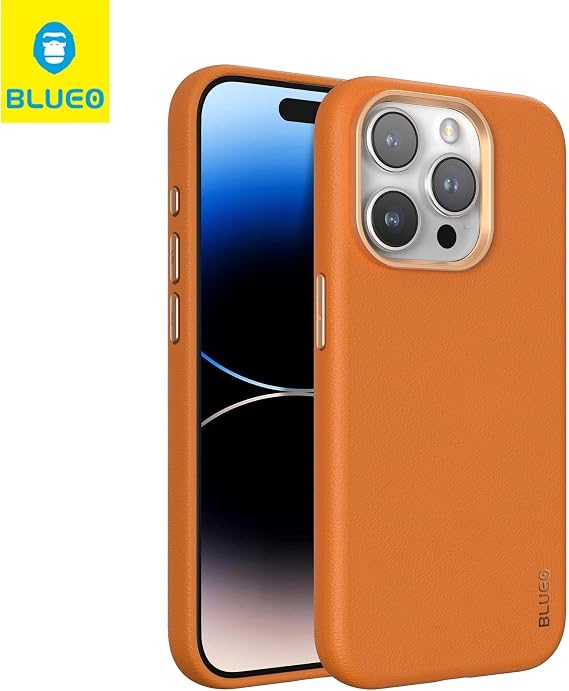 Blueo iPhone 14 Pro Max Uyumlu Turuncu Deri Premium Telefon Kılıfı