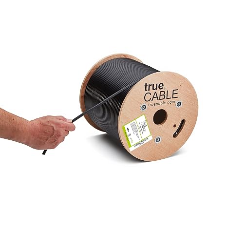 TRUECABLE RG6 Outdoor Dual Shield Bulk Coaxial Cable, 500ft, Black, Direct Burial (CMX), 75 Ohm, 18 AWG Bare Copper Conductor, UV Resistant, 3GHz Sweep Tested