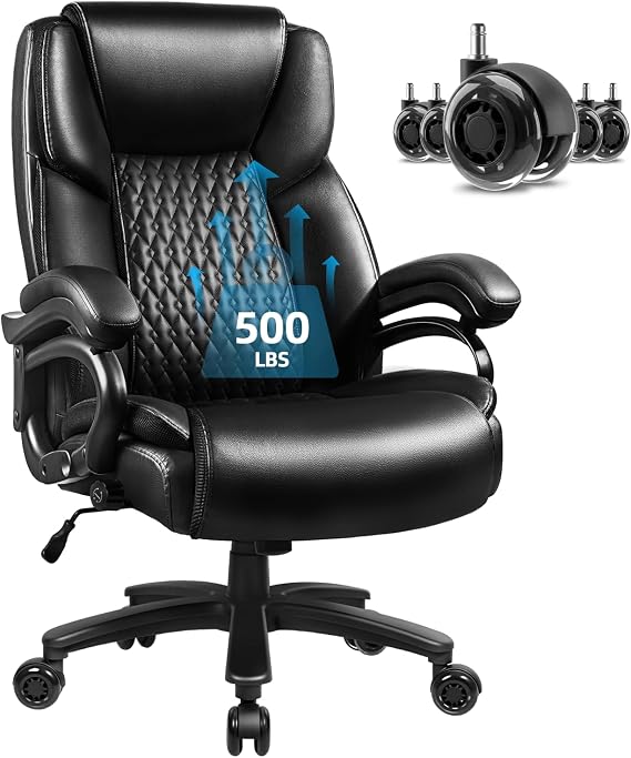 VITESSE 500lbs Heavy Duty Office Chair for Low Back Pain Relief, Big and Tall Office Chair with Ergonomic Lumbar Support, High Back Executive Chair with Quiet Rubber Wheel