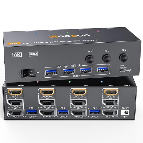 8K@60Hz HDMI2.1 Displayport KVM Switch 3 Monitors 3 Computers 4K@144Hz Triple Monitor KVM Switches with USB 3.0 Port,Wired Remote,Power Adapter and USB3.0 Cables(16cm 3 PC 3 Monitor 8K KVM)