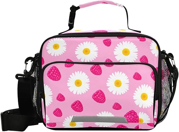 Sinestour Raspberry Daisies Insulated Lunch Bag with Adjustable Shoulder Strap Removable Reusable Cooler Bag for Women Men Boys Girls Reusable Tote Lunch box for Picnic School Work