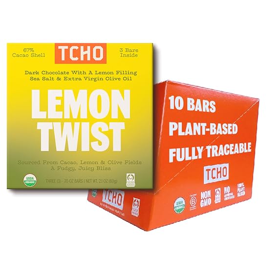 TCHO Lemon Twist Chocolate Bar (10 Pack) | 67% Dark Chocolate Shell with Lemon & Oat-Milk White Chocolate Filling | Plant-Based Organic & Fair Trade | Non GMO, Non-Dairy, Vegan, Soy Free (2.1oz each)
