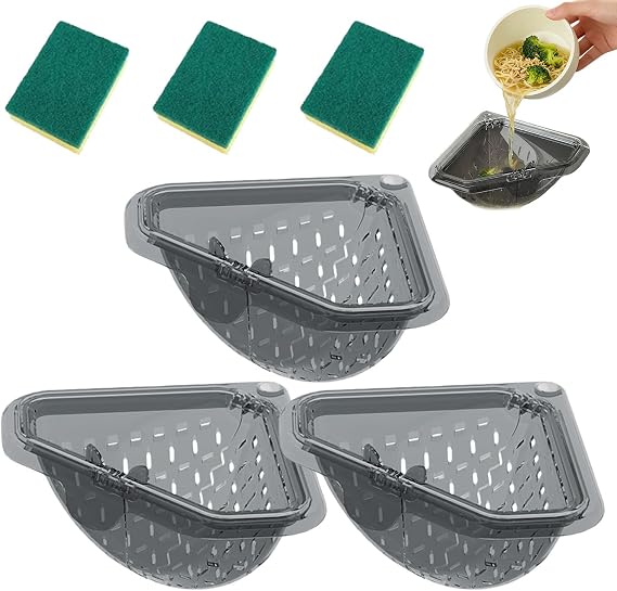 Triangular Draining Basket for Sink Magnetic Corner Sink Strainer Basket, Strainer with Twist-Open Bottom, Kitchen Corner Rack for Draining & Storage, Punch-Free Installation (3)
