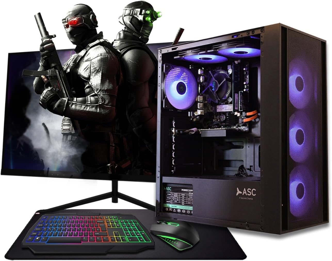 ASC Ryzen Gaming PC Bundle, AMD Ryzen 5 4500, GT1030 2GB Graphics, 16GB RAM, 256GB SSD  1TB HDD, 500W 80 PSU, WiFi, Windows 11, Black 6 Fan RGB Case, 22" Monitor