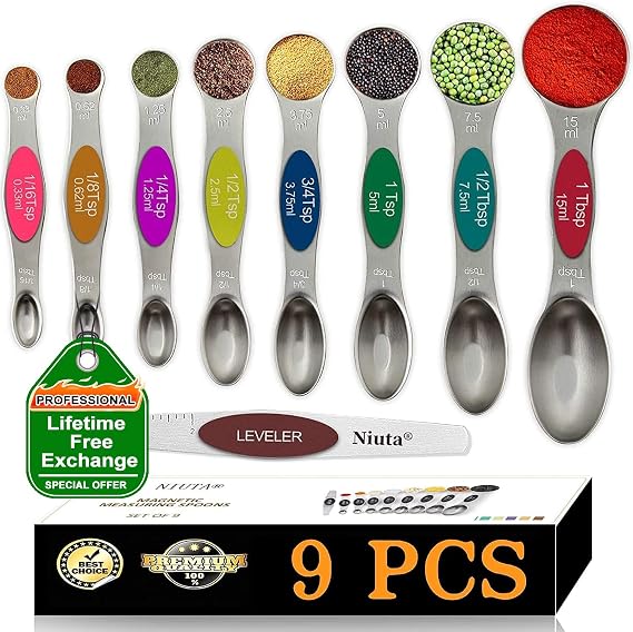 NIUTA Magnetic measuring spoons set, stackable on both sides, Germany stainless steel, for use in spice jars and liquids, set of 9-Multicolour