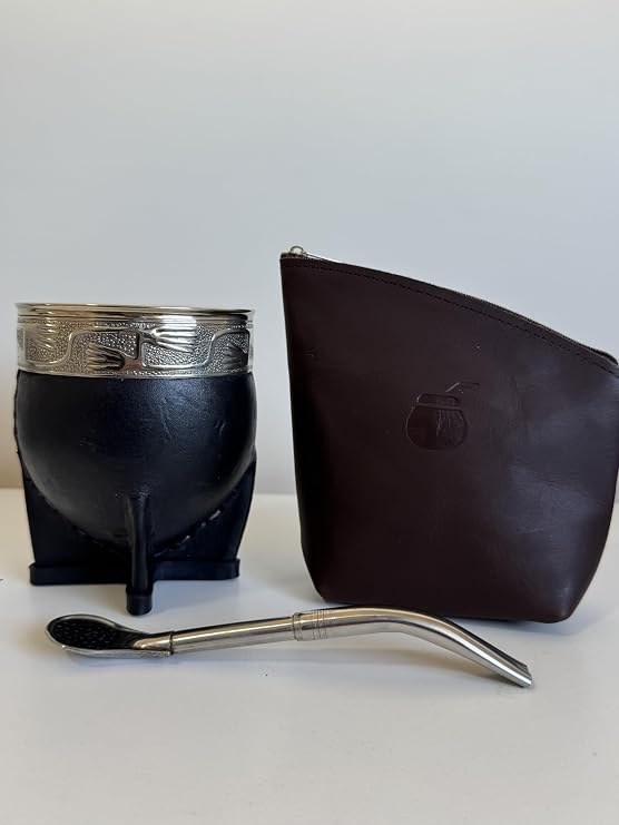 Mate Imperial Argentino, and Yerba Mate Container With Straw Tea Gourd Mug One Bombilla Mate (Straw), Wrapped Handmade Leather, Includes Premium Packaging travel cup (black) Yerba