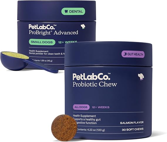 PetLab Co. Gut & Breath Bundle: Dental Powder for Fresh Breath in 1 Scoop. for Small Dogs & Salmon Dog Probiotics to Support a Healthy Gut - Easy to Use Innovative Formulas