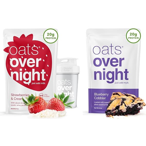 Oats Overnight Strawberries & Cream 8 Pack + BlenderBottle & Blueberry Cobbler 8 Pack - 20g Protein, High Fiber Breakfast Shake - Gluten Free, Non GMO Oatmeal