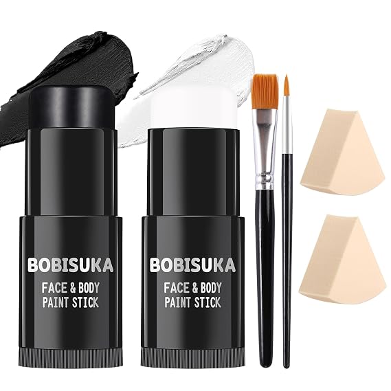 BOBISUKA Black & White Painting Kit - 2 Face Body Paint Sticks with 2 Paintbrushes & 2 Sponges Halloween Makeup Set for Clown Skeleton Skull Cosplay Special Effects Costume SFX , Eye Black for Sports