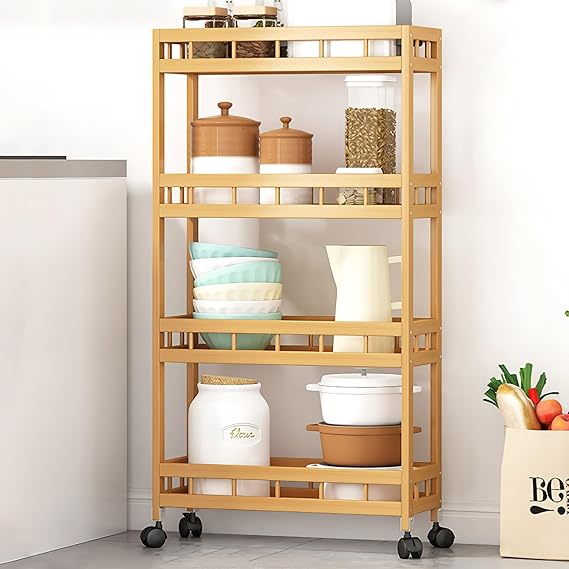 4-Tier Bamboo Utility Kitchen Rolling Cart Trolley Island Storage Shelf