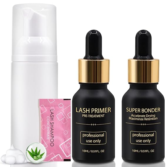 Lash Bonder Primer and Shampoo Kit for Eyelash Extensions, Glue Accelerator Lash Sealant, Pre-treatment Primer Protein Oil Cleanse Remover, Makeup Tools for Professional Use (15ml+15ml+2.5ml)