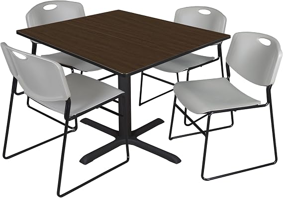 Regency Cain 48 in. Square Breakroom Table and 4 Zeng Stack Chairs Durable Steel X-Base Cafe Table and Chair Set with Laminate Top, Scratch & Stain Resistant Surface (Neo Walnut, Grey)