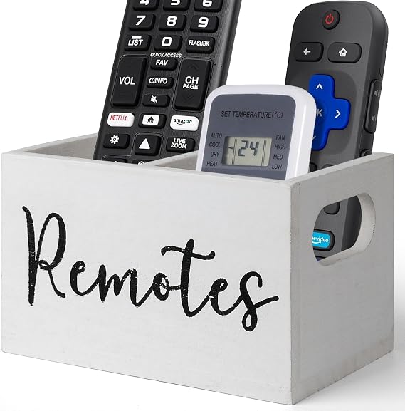 Remote Control Holder for Table, 2 Slot Wooden TV Controller Holder, Rremote Holder Storage for Living Room, Bedside, Couch (White)