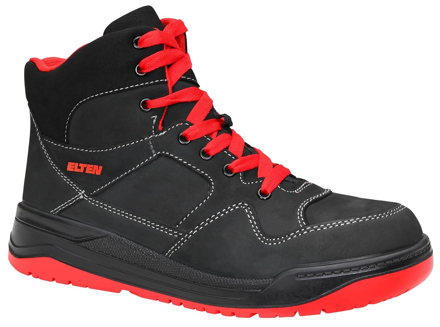 elten maverick black and red trainers mid-height cool safety trainer boots basketball style nubuck leather steel cap fabric lining 44