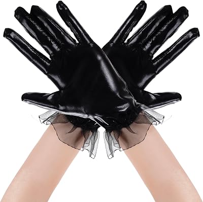Rbenxia Black Shiny Metallic Spandex Gloves - Faux Leather Cropped Short Mesh Edge Patent Leather Gloves for Halloween Cosplay Costume Party Favors