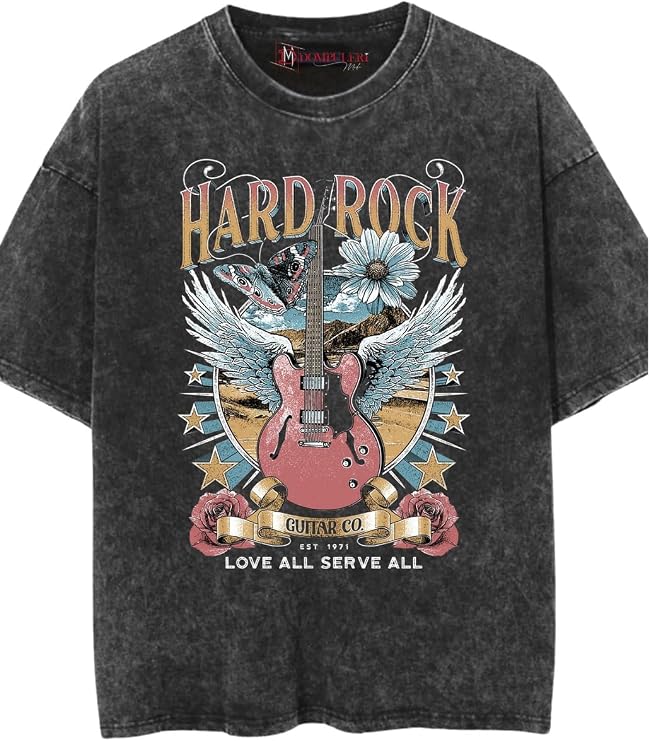 Hard Rock Gothic Baskılı Oversize Unisex Yıkamalı Eskitme Tişört