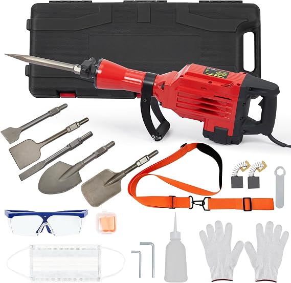 Demolition Jack Hammer - 3600W Power with Concrete Breaker, 6pcs Chisels Set, Noise-Canceling Earplug, and Shoulder Strap.