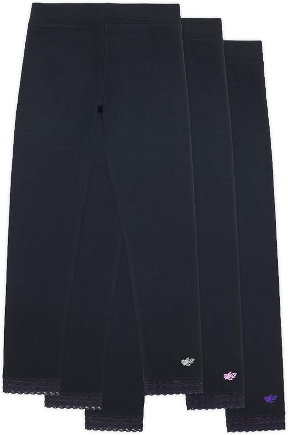 Lucky & Me | Jada Girls Leggings | Tagless | Full Length, Lace Trim, Wide Waistband | 3-Pack