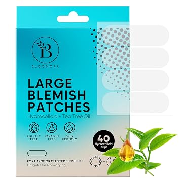 BLOOMORA Large Pimple Patches for Face & Body, Large Hydrocolloid Bandages with Tea Tree Oil, Hydrocolloid Patch for Bigger Area Breakouts, Zit Stickers for Face (40 pcs)
