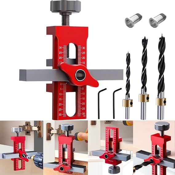 Cabinet Door Installation Jig, 2-in-1 Mounting Tool, Red | with Adjustable Positioner, Aluminium Alloy Versatile Cabinet Door Positioning Tool for Most Cabinet Doors with 3 Drill Bits