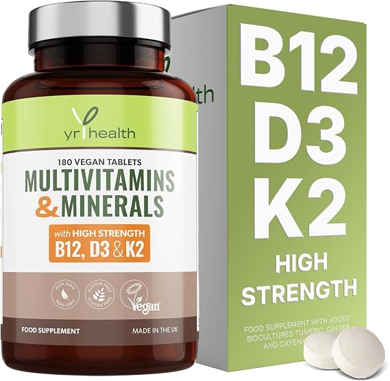 Vegan Multivitamin for Men and Women with B12, D3, K2 & Iron, 180 Tablets