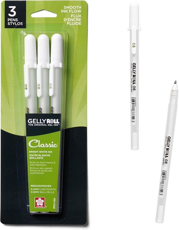 SAKURA Gelly Roll Classic White 3 Pack, 08 Medium Pt., Opaque Gel Pens, Creamy Smooth Ink, Writes on Dark Paper | Creamy Smooth Ink, Writes on Dark Paper, Ideal for Dark or Colored Paper, Available in 05 Fine and 08 Medium