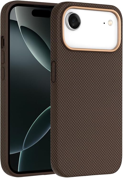 iPhone 17 Pro Max ile Uyumlu Karbon Fiber Desenli Premium Kılıf Kevlar Kenar İnce ve Hafif Tasarım Kablosuz Şarj ve MagSafe ile uyumlu Telefon Kılıfı Kahverengi