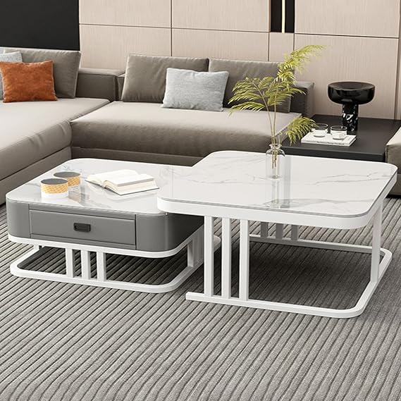 Coffee Table Set of 2, Square Multi-Purpose Nesting Table, Coffee Tables with Two Storage Drawers, Practical 2-in-1 Coffee Table Set, for Living Room,Bedroom,Studio(White+Gray+White)