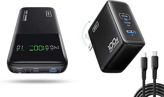 INIU 140W 27000mAh High Capacity Laptop Portable Charger & 3-Port 100W PD Fast Charging GaN Wall Charger Combo