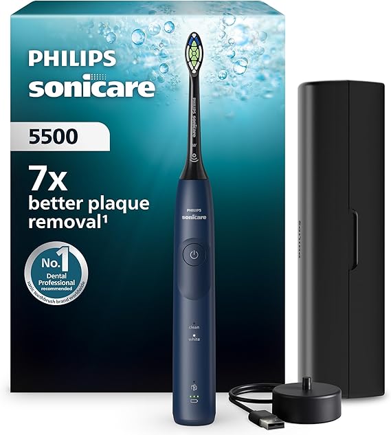 Philips Sonicare 5500 Electric Toothbrush, Sonic Toothbrush with 2 Modes, Pressure Alert, EasyStart, SmarTimer and BrushPacer, Navy, Model HX7113/01 [New Technology]