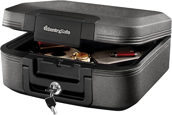 SentrySafe Dark Gray Fireproof and Waterproof Safe with Key Lock, Chest Lock Box with Carrying Handle for Travel, 0.28 Cubic Feet, 6.6 x 15.4 x 14.3 Inches, CFW20201 | Portable Fire Water Resistant Chest Safe With Key Lock Security, Carrying Handle, Ideal For Travel, Documents, Digital Media